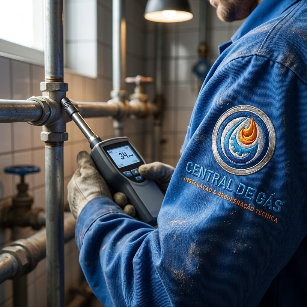 Técnico realizando teste de estanqueidade em tubulação de gás com logo
