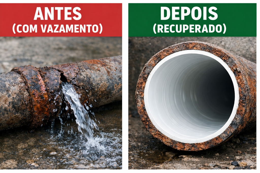 Comparativo da tubulação antes com vazamento e depois recuperada com revestimento CIPP